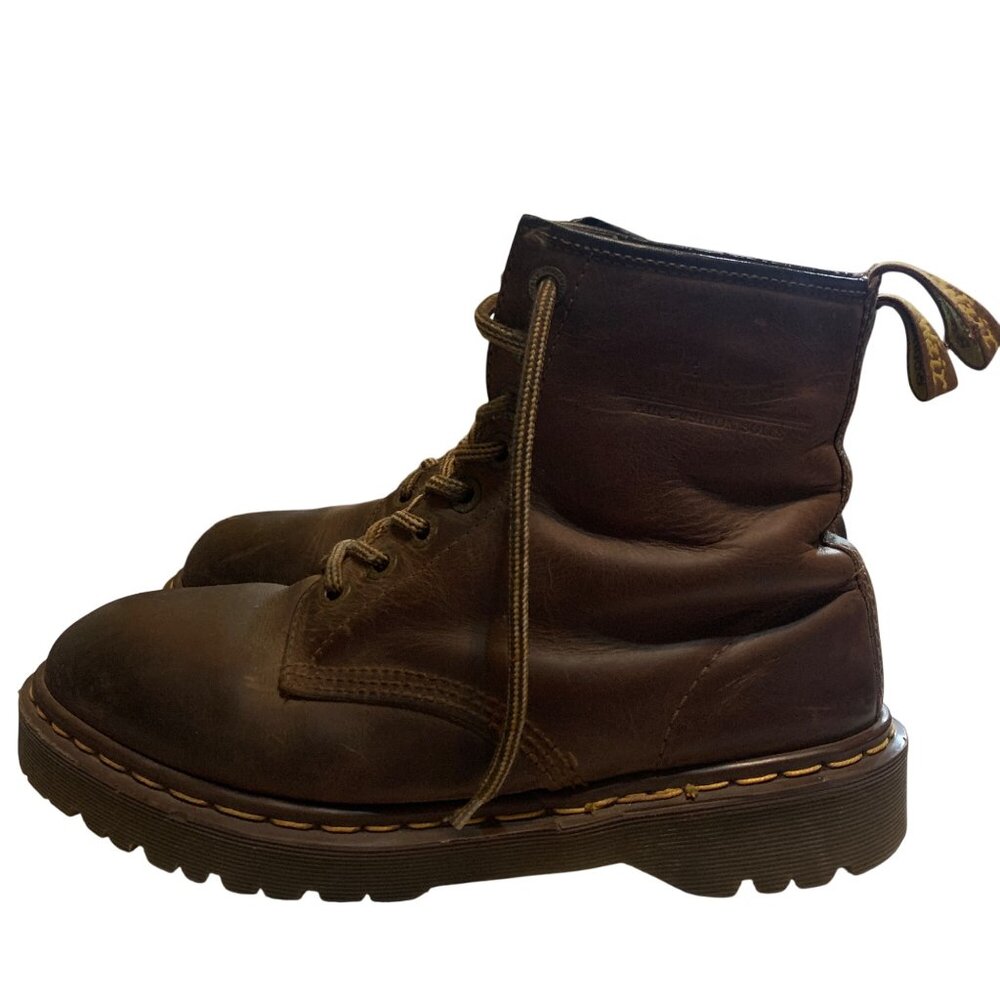 90s Dr.‎ Martens Mens 12 Boots Made In England Brown Lace-Up Inscribed 8 Eyelets